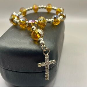 Orange crystal and Silver stretch Bracelet w/rhinestone Cross Pendant.  Rosary